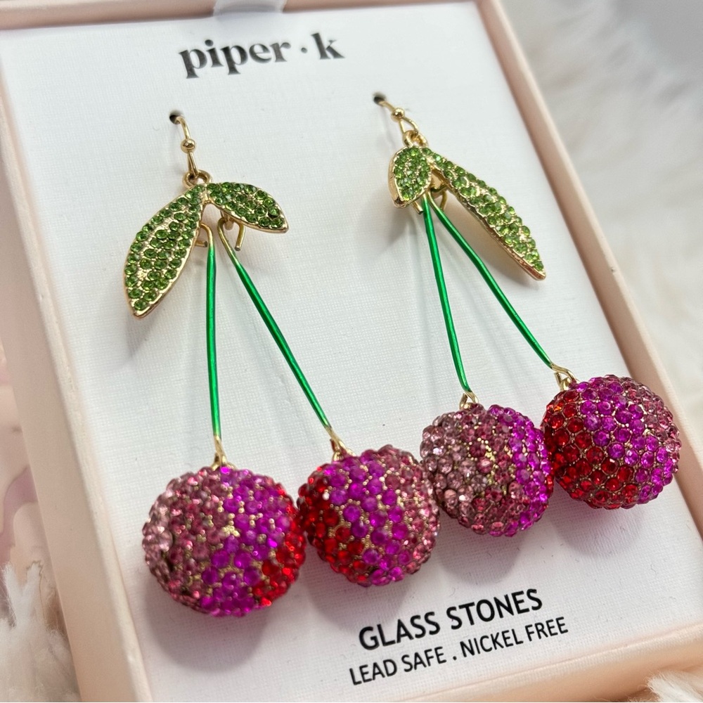 Piper K Cherry Hanging Earrings Glass Stones Fuchsia Red Pink Green Gold 2.5" - Picture 7 of 9